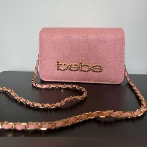 Bebe Pink Celia Monogram Flap Crossbody Bag with Gold Chain